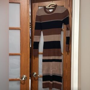 Evereve Striped Knit midi Dress - Black, Brown, Tan size small bodycon
